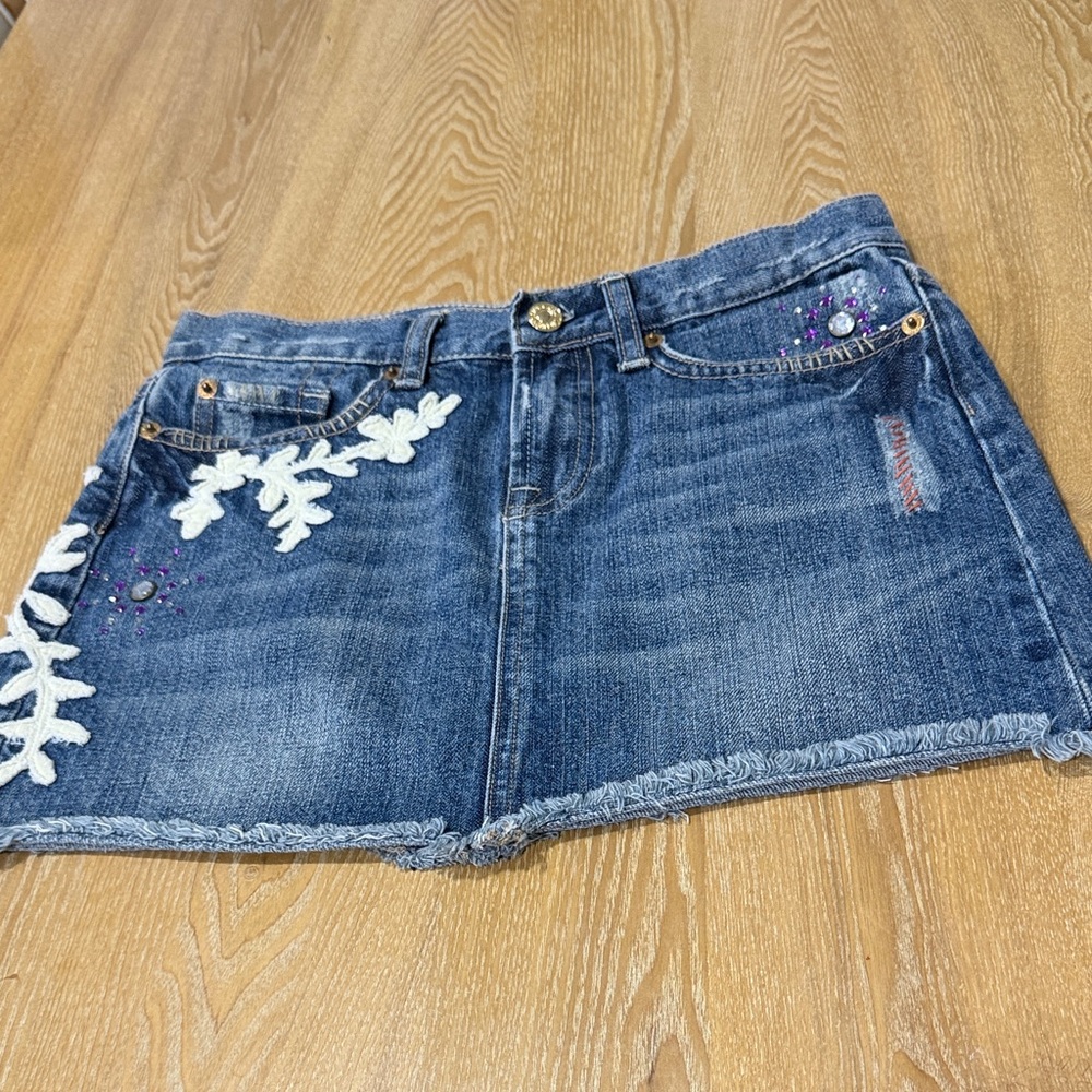 7 For All Mankind Blue Embroidered Denim Mini Skirt